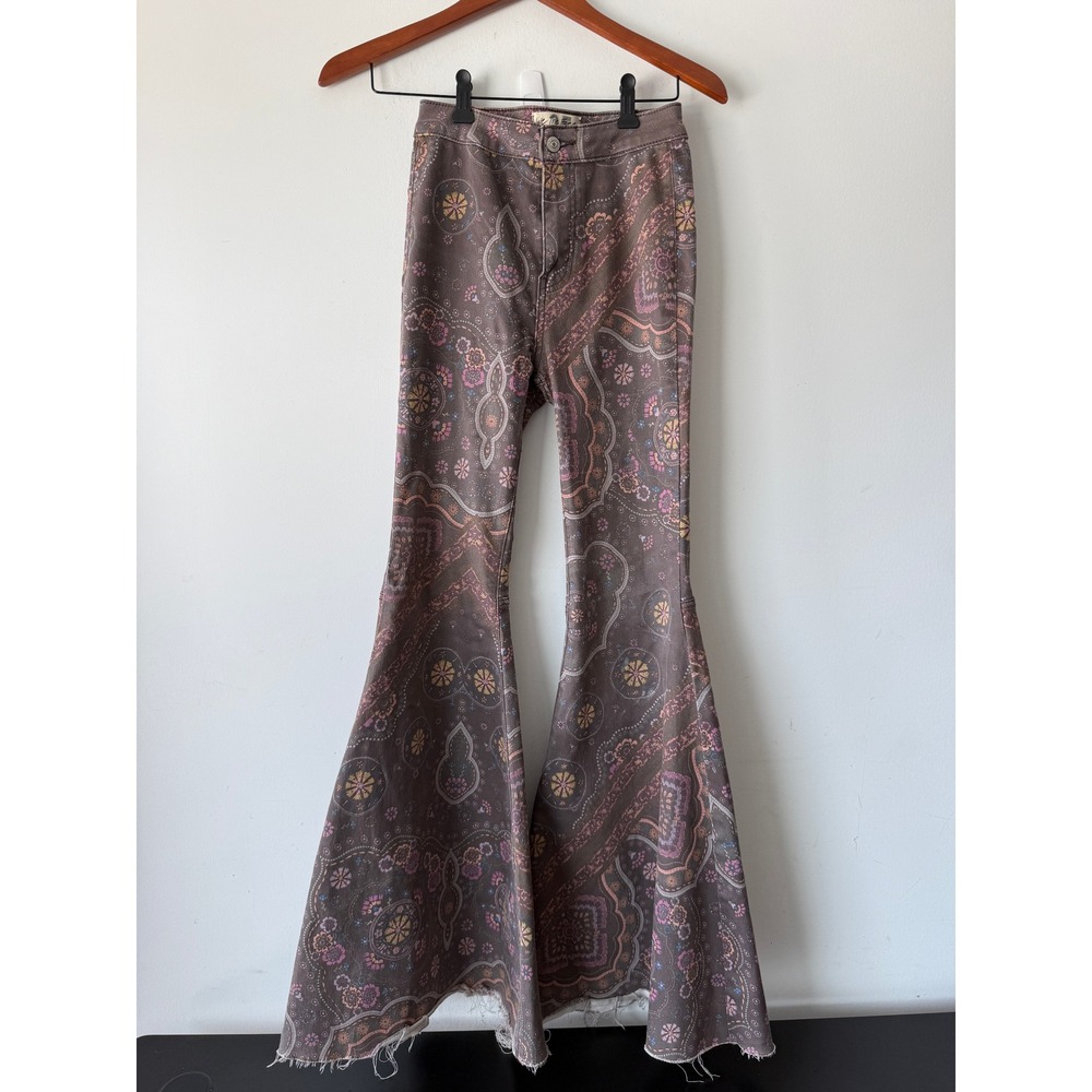 Free People We The Free Paisley Flare Jeans 25 Brown Boho Bell Bottom Hippie
